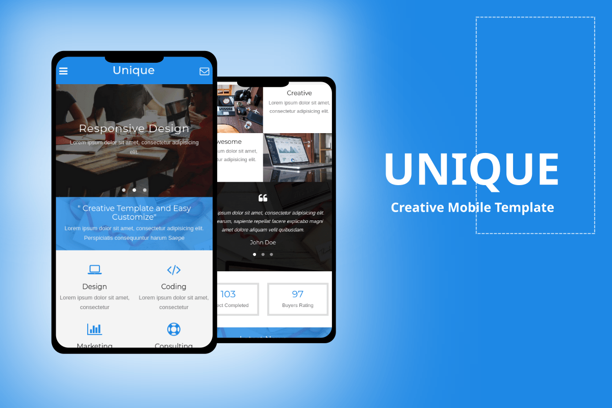 Imagen de portada de Unique - Creative Mobile Template (plantilla web)