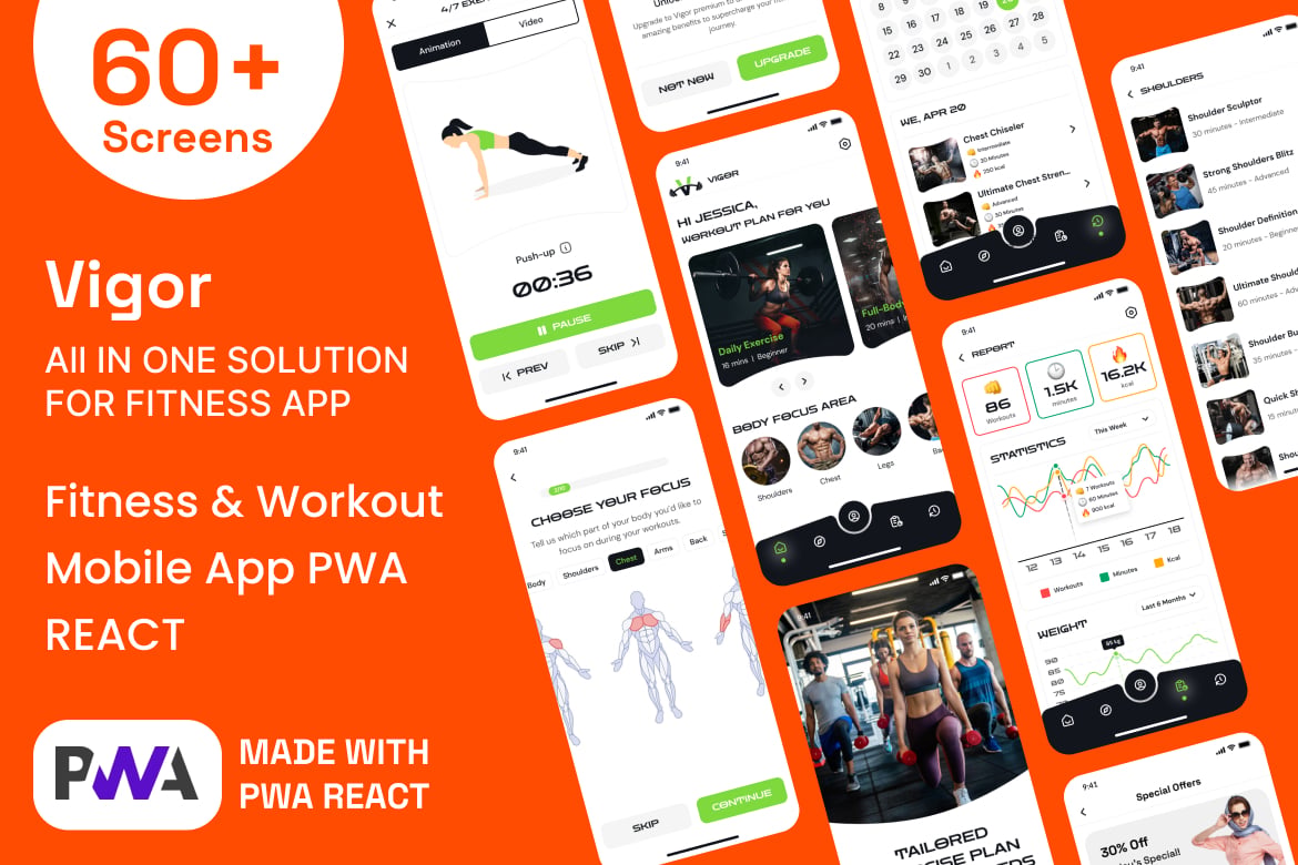 Imagen de portada de Vigor - Fitness & Gym Workout Mobile App PWA HTML (plantilla web)