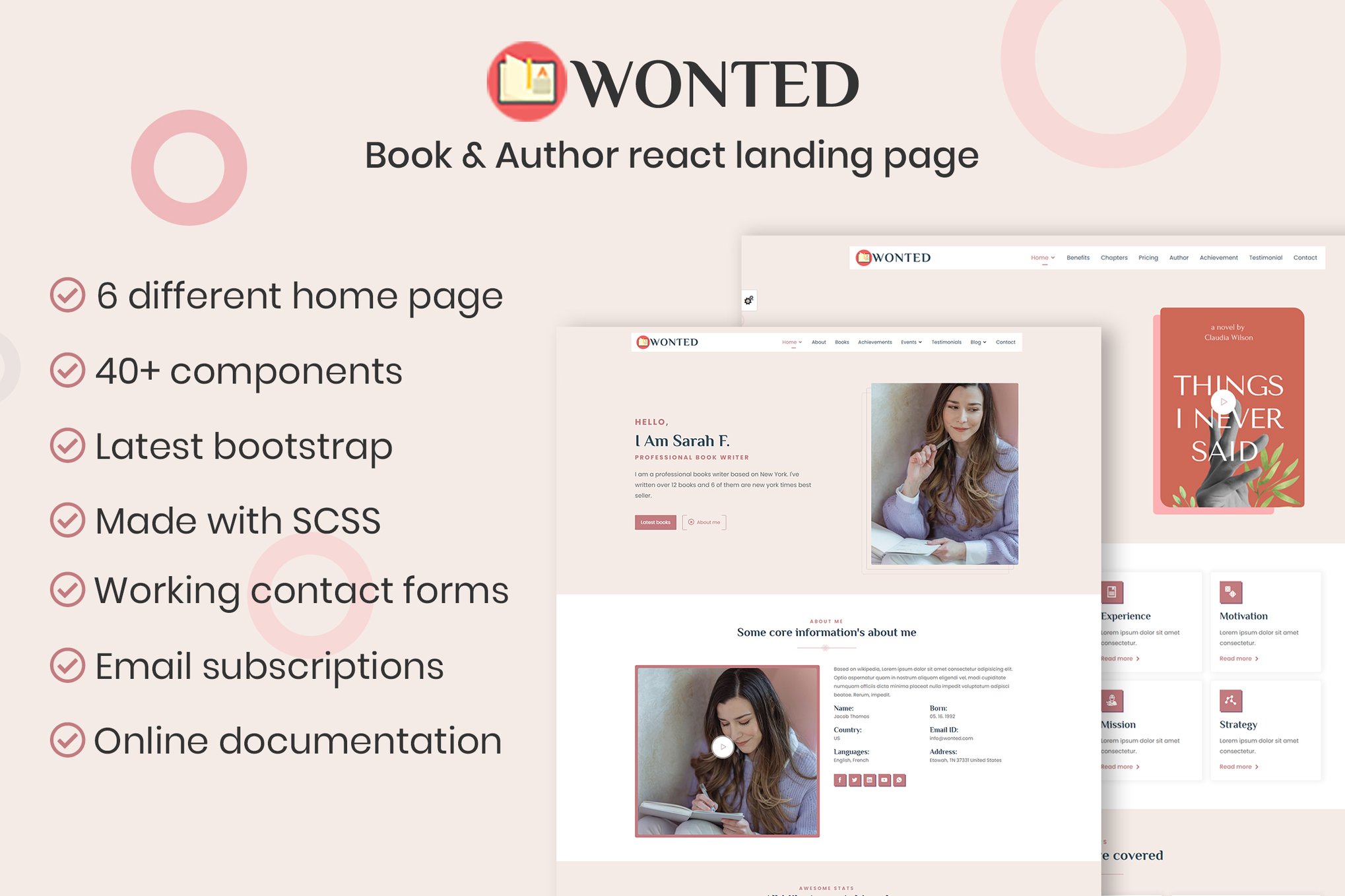 Imagen de portada de Wonted - Book & Author React Template (plantilla web)