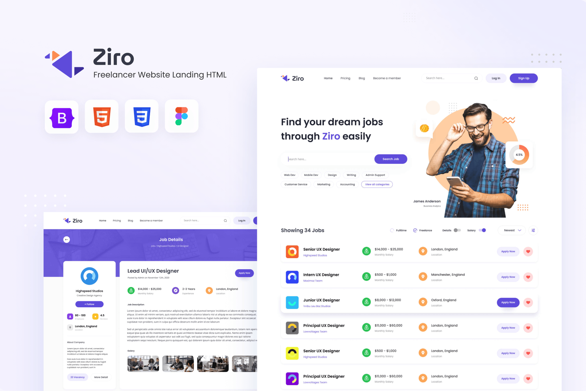 Imagen de portada de Ziro - Freelancer Directory Website HTML Template (plantilla web)
