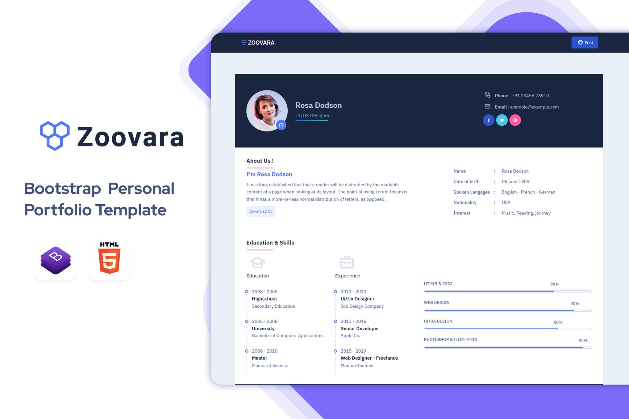 Imagen de portada de Zoovara - Personal Portfolio Resume CV Template (plantilla web)